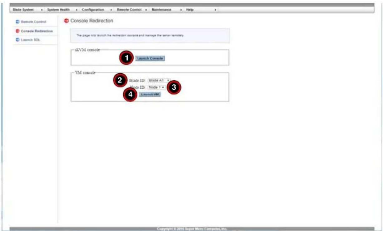 Blade System System Health Configuration Remote Control Maintenance Help Beware Control Console Redirection Launch SQL Console Redirection The page list launch the redirection console and manage the server remotely iGVM console Launch Console VM console Blade ID Blade A1 Blade ID Node 1 Launch VM Co…