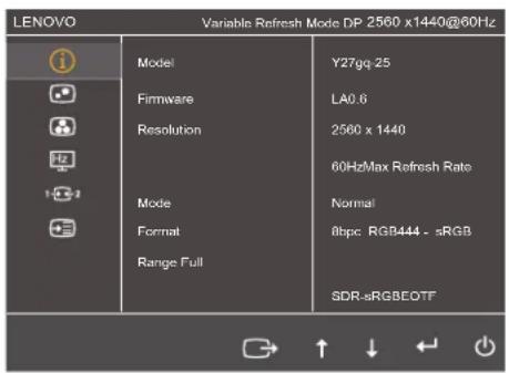 LENOVO Variable Refresh Mode DP 2560 x1440@60Hz Model Y27gq 25 Firmware LA0.6 Resolution 2560 x 1440 60Hz/Max Refresh Rate Mode Normal Format 8bpc RGB444 - sRGB Range Full SDR-sRGBEOTF