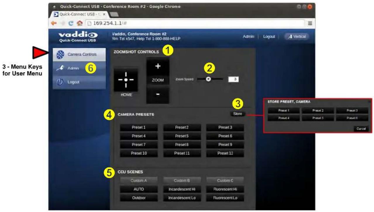 Quick-Connect USB - Conference Room #2 - Google Chrome Quick-Connect USB - 169.254.1.1# vaddio Quick-Connect USB Vaddio, Conference Room #2 Rtm Tel x547, Help Tel 1-800-888-HELP Admin Logout Vertical Camera Controls Admin Logout ZOOMSHOT CONTROLS + - ZOOM Zoom Speed 3 HOME - CAMERA PRESETS Store Preset 1 Preset 2 Preset 3 Preset 4 Preset 5 Preset 6 Preset 7 Preset 8 Preset 9 Preset 10 Preset 11 Preset 12 CCU SCENES Custom A Custom B Custom C AUTO Incandescent Hi Fluorescent Hi Outdoor Incandescent Lo Fluorescent Lo 3 - Menu Keys for User Menu STORE PRESET, CAMERA Preset 1 Preset 2 Preset 3 Preset 4 Preset 5 Preset 6 Cancel