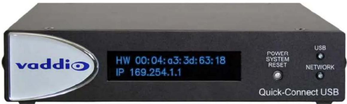 vaddio HW 00:04:a3:3d:63:18 IP 169.254.1.1 POWER SYSTEM RESET USB NETWORK Quick-Connect USB