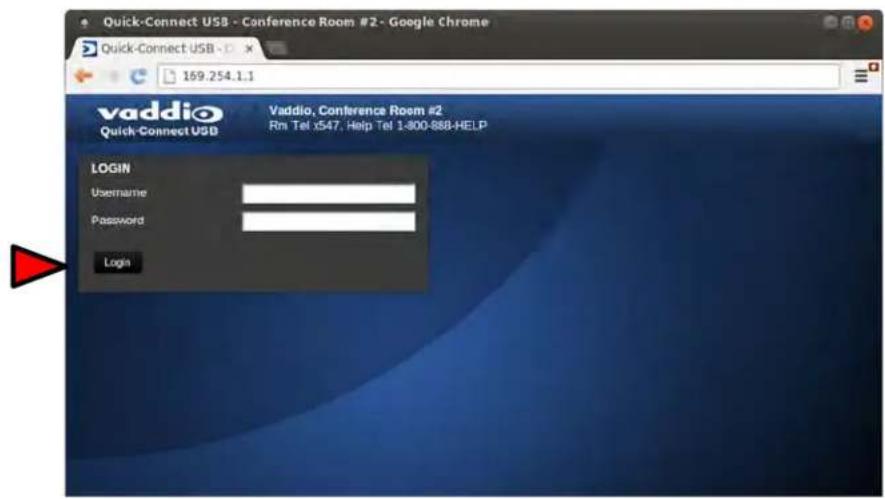 Quick-Connect USB - Conference Room #2 - Google Chrome Quick-Connect USB 169.254.1.1 vaddio Quick-Connect USB Vaddio, Conference Room #2 Rm Tel x547, Help Tel 1-800-888-HELP LOGIN Username Password Login