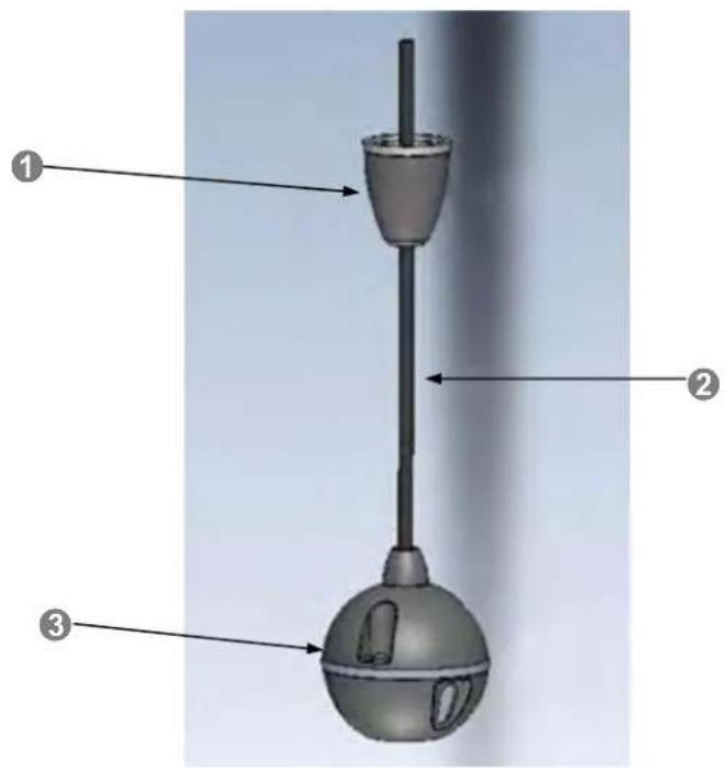 Technical diagram of a mechanical device with labeled parts 1, 2, and 3