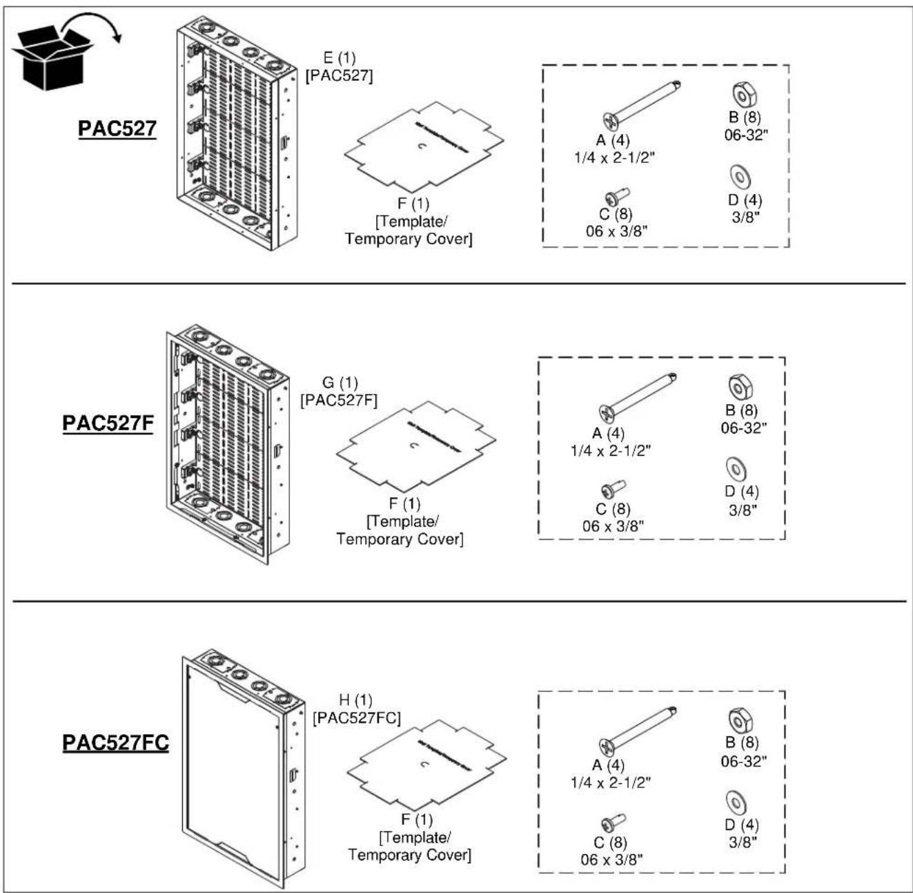 PAC527 E (1) [PAC527] F (1) [Template/ Temporary Cover] A (4) 1/4 x 2-1/2" B (8) 06-32" C (8) 06 x 3/8" D (4) 3/8" PAC527F G (1) [PAC527F] F (1) [Template/ Temporary Cover] A (4) 1/4 x 2-1/2" B (8) 06-32" C (8) 06 x 3/8" D (4) 3/8" PAC527FC H (1) [PAC527FC] F (1) [Template/ Temporary Cover] A (4) 1/4 x 2-1/2" B (8) 06-32" C (8) 06 x 3/8" D (4) 3/8"