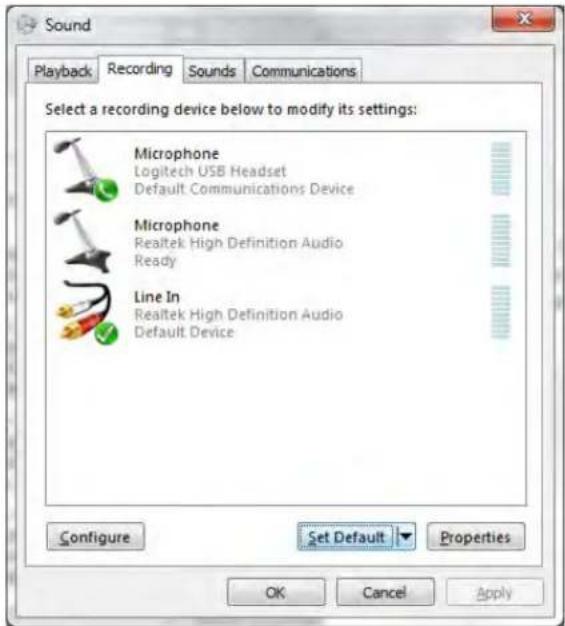 Sound Playback Recording Sounds Communications Select a recording device below to modify its settings: Microphone Logitech USB Headset Default Communications Device Microphone Realtek High Definition Audio Ready Line In Realtek High Definition Audio Default Device Configure Set Default Properties OK Cancel Apply