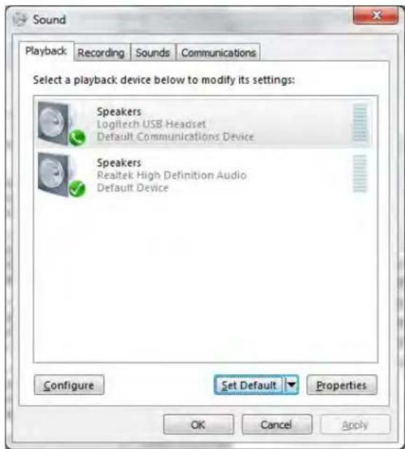Sound Playback Recording Sounds Communications Select a playback device below to modify its settings: Speakers Logitech USB Headset Default Communications Device Speakers Realtek High Definition Audio Default Device Configure Set Default Properties OK Cancel Apply