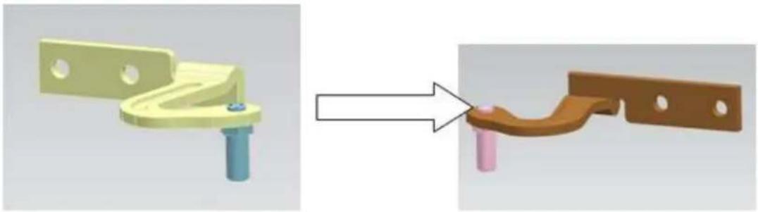 3D mechanical assembly diagram showing a yellow bracket and a brown bracket with a pink pin, both without any text or symbols.