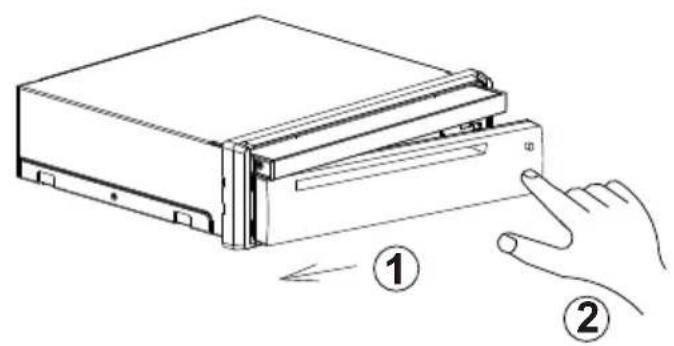 Diagram showing a hand pressing a device into a folder, labeled with steps ① and ② indicating process flow.