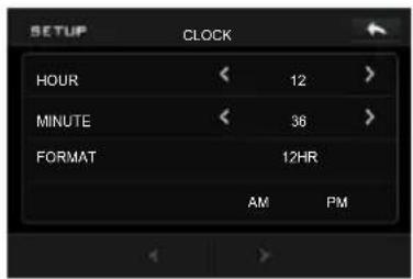 SETUP CLOCK HOUR 12 > MINUTE 36 > FORMAT 12HR AM PM