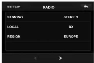 SETUP RADIO ST/MONO STERE O LOCAL DX REGION EUROPE