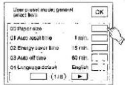 User prompt mode; general select bins OK 01 Paper size 01 Auto recovery time 02 Energy save time 03 Auto off time 04 Language default (1/8)