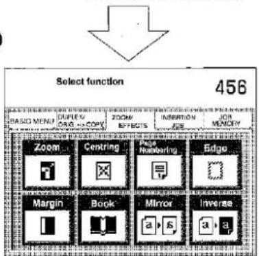 Select function 456 BASIC MENU DUFLEO DASH → COPY ZOOM EFFECTS INSERTION JSE JOB MEMORY Zoom Centring Page Numbering Edge Margin Book Mirror Inverse a s a a