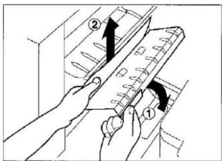 Diagram showing two hands operating a device with labeled parts and directional arrows indicating movement or operation.