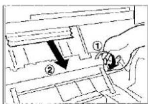 Diagram showing a hand pressing down a component labeled with arrows, numbered ① and ②.