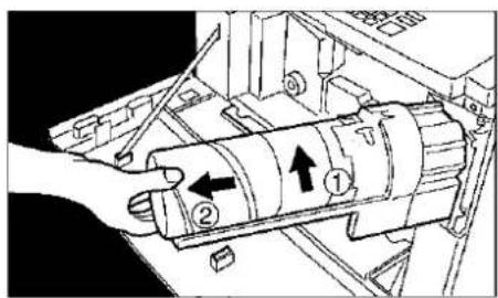 Technical diagram showing a hand operating a cylindrical device with labeled parts and directional arrows indicating movement or assembly.