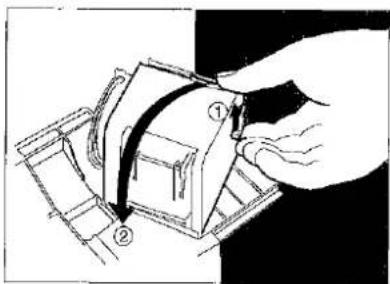 Diagram showing a hand holding a device with labeled parts, including numbered callouts ① and ②.