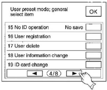 User preset mode; general select item OK 15 No ID operation No save 16 User registration 17 User delete 18 User information change 19 ID card change 4/8