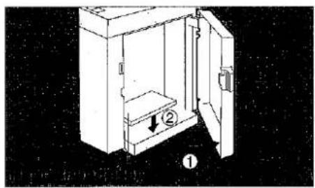 Technical diagram of a cabinet or enclosure with labeled parts and directional arrow indicating movement or force