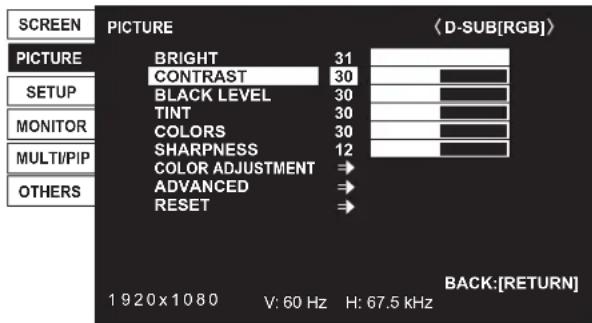 SCREEN PICTURE BRIGHT 31 CONTRAST 30 BLACK LEVEL 30 TINT 30 COLORS 30 SHARPNESS 12 COLOR ADJUSTMENT → ADVANCED → RESET → 〈D-SUB[RGB]〉 BACK:[RETURN] 1920x1080 V: 60 Hz H: 67.5 kHz