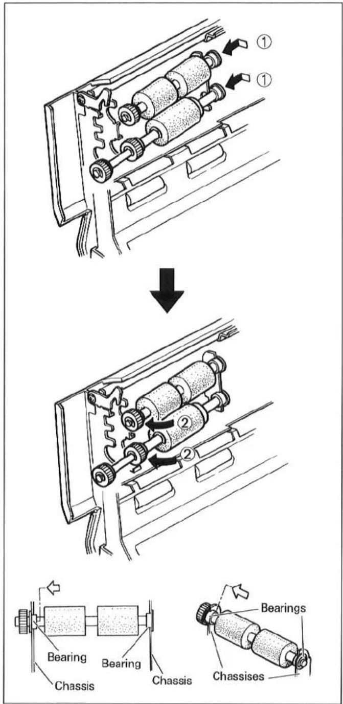 Technical diagram illustrating mechanical assembly steps with labeled components and directional arrows
