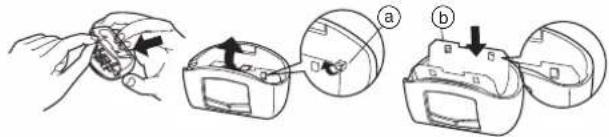 Diagram showing a hand holding a small object with directional arrows, alongside two views (a and b) of a device with internal components.