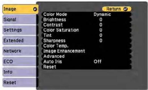 Image Signal Settings Extended Network ECO Info Reset Color Mode Brightness Contrast Color Saturation Tint Sharpness Color Temp. Image Enhancement Advanced Auto Iris Reset Dynamic 0 0 0 0 Off