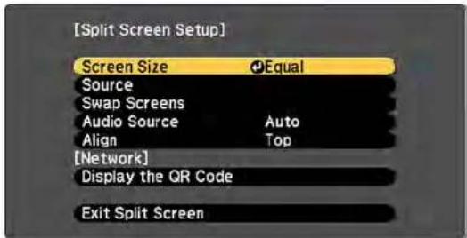 [Split Screen Setup] Screen Size Equal Source Swap Screens Audio Source Auto Align Top [Network] Display the QR Code Exit Split Screen