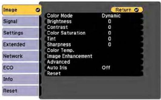 Image Signal Settings Extended Network ECO Info Reset Color Mode Dynamic Brightness 0 Contrast 0 Color Saturation 0 Tint 0 Sharpness 0 Color Temp. Image Enhancement Advanced Auto Iris Off Reset Return