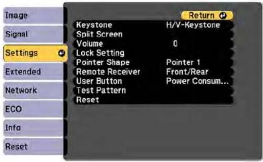 Image Signal Settings Extended Network ECO Info Reset Keystone H/V-Keystone Split Screen Volume 0 Lock Setting Pointer Shape Pointer 1 Remote Receiver Front/Rear User Button Power Consum... Test Pattern Reset
