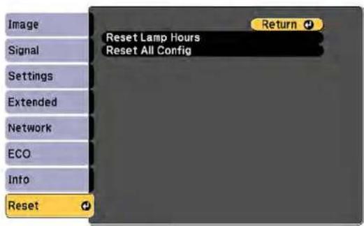 Image Signal Settings Extended Network ECO Info Reset Return Reset Lamp Hours Reset All Config