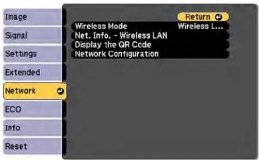 Image Signal Settings Extended Network ECO Info Reset Wireless Mode Wireless L... Net. Info. - Wireless LAN Display the QR Code Network Configuration Return