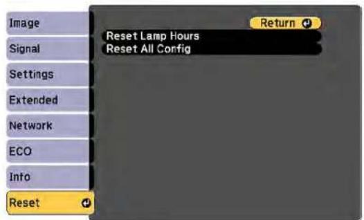 Image Signal Settings Extended Network ECO Info Reset Reset Lamp Hours Reset All Config Return