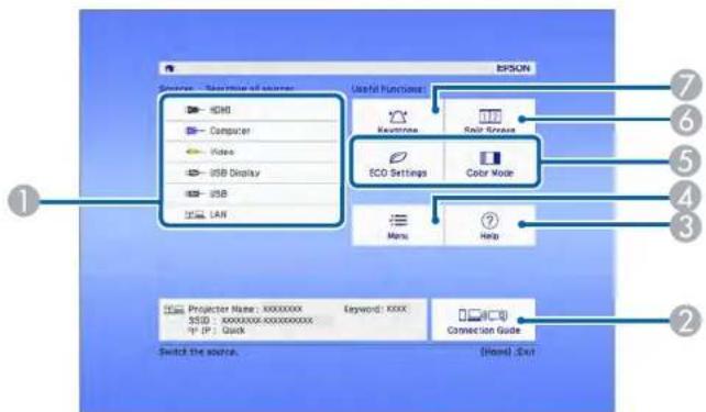 EPSON Settings - Settings of server HDMI Computer Video USB Display USB LAN Useful Functions: Kevstone Color Groups ECO Settings Color Mode Menu Help Projector Name: XXXXXXXX Keyword: XXXX SSD: XXXXXXXXX-XXXXXXXX *P : Quick Connection Guide Switch the source. (Head) Exit