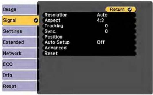 Image Signal Settings Extended Network ECO Info Reset Resolution Auto Aspect 4:3 Tracking 0 Sync. 0 Position Auto Setup Off Advanced Reset Return