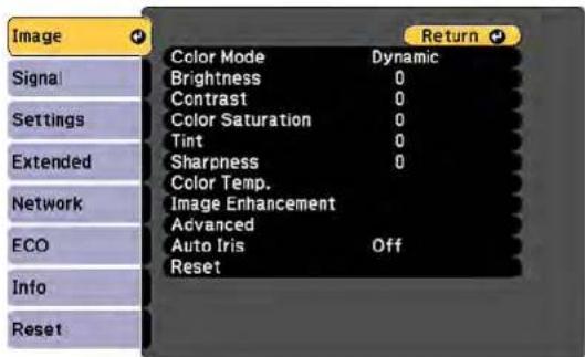 Image Signal Settings Extended Network ECO Info Reset Color Mode Dynamic Brightness 0 Contrast 0 Color Saturation 0 Tint 0 Sharpness 0 Color Temp. Image Enhancement Advanced Auto Iris Off Reset Return
