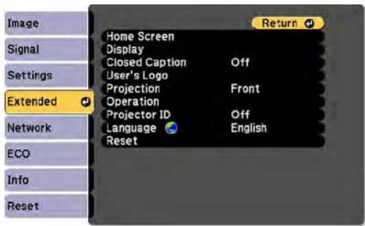 Image Signal Settings Extended Network ECO Info Reset Home Screen Display Closed Caption Off User's Logo Projection Front Operation Projector ID Off Language English Reset Return