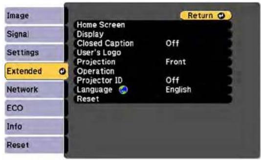 Image Signal Settings Extended Network ECO Info Reset Home Screen Display Closed Caption Off User's Logo Projection Front Operation Projector ID Off Language English Reset Return