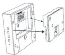 Technical diagram showing two views of a device with labeled components and directional arrows indicating assembly or movement.