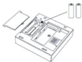 Technical line drawing of a device casing with two cylindrical batteries, showing internal components and mounting points (no text or symbols)