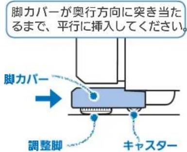 脚カバーが奥行方向に突き当たるまで、平行に挿入してください。 脚カバー 調整脚 キャスター