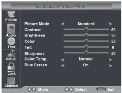 ELEMENT Picture Mode Contrast Brightness Color Tint Sharpness Color Temp. Blue Screen Standard 50 50 50 0 50 Normal On Move Select Exit