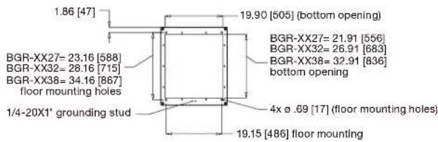 1.86 [47] BGR-XX27= 23.16 [588] BGR-XX32= 28.16 [715] BGR-XX38= 34.16 [867] floor mounting holes 1/4-20X1' grounding stud 19.90 [505] (bottom opening) BGR-XX27= 21.91 [556] BGR-XX32= 26.91 [683] BGR-XX38= 32.91 [836] bottom opening 4x Ø .69 [17] (floor mounting holes) 19.15 [486] floor mounting