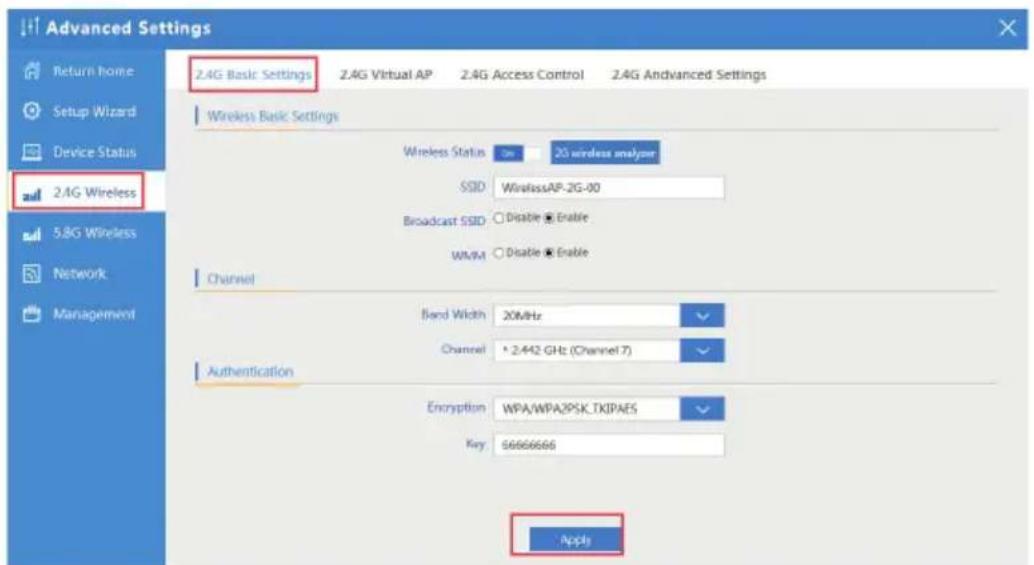 Advanced Settings Return home Setup Wizard Device Status 2.4G Wireless 5.8G Wireless Network Management 2.4G Basic Settings 2.4G Virtual AP 2.4G Access Control 2.4G Advanced Settings Wireless Basic Settings Wireless Status On 2G wireless analyzer SSID WirelessAP-2G-00 Broadcast SSID Disable Enable W…