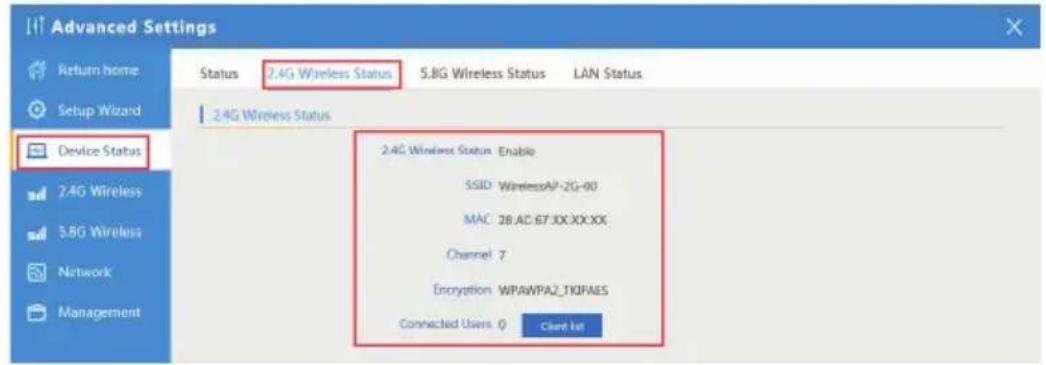 Advanced Settings Return home Setup Wizard Device Status 2.4G Wireless Status 5.8G Wireless Status LAN Status 2.4G Wireless Status 2.4G Wireless Status Enable SSID WirelessAP-2G-00 MAC 28.AC 67.XC:XX:XX Channel 7 Encryption WPAWPA2_TKIFAES Connected Users 0 Client let