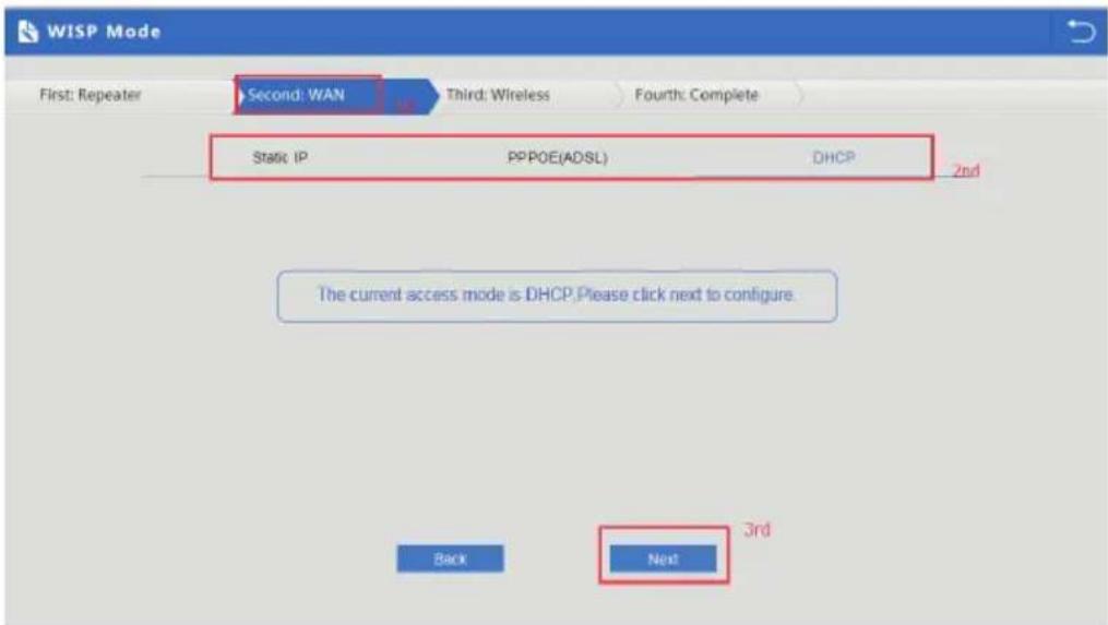 WISP Mode First: Repeater Second: WAN Third: Wireless Fourth: Complete Static IP PPPOE(ADSL) DHCP 2nd The current access mode is DHCP. Please click next to configure. Back Next 3rd