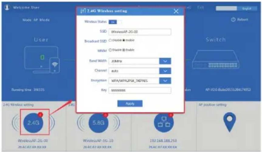Welcome User Mode: AP Mode User Running time: 3M335 2.4G Wireless setting Wireless Status: 100 SSID: WirelessAP-2G-00 Broadcast SSID: Double+ double WDM: Double+ Double Band Width: 20MHz Channel: auto Encryption: WPA/WPA/PSK_TX/PAES Key: https://www.wpsk/ Apply 2.4G WirelessAP-2G-00 28 AC 67 JX XX X…