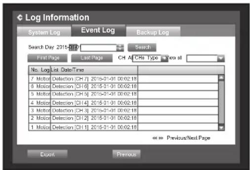 Log Information System Log Event Log Backup Log Search Day 2015-DEC Search First Page Last Page CH All CHs Type New all No. Log List Date/Time 7 Motor Detection [CH 7] 2015-01-01 00:02:18 8 Motor Detection [CH 6] 2015-01-01 00:02:18 5 Motor Detection [CH 5] 2015-01-01 00:02:18 4 Motor Detection [CH 4] 2015-01-01 00:02:18 3 Motor Detection [CH 3] 2015-01-01 00:02:18 2 Motor Detection [CH 2] 2015-01-01 00:02:18 1 Motor Detection [CH 1] 2015-01-01 00:02:18 << Previous/Next Page Export Previous