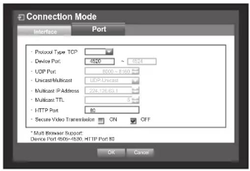 Connection Mode Interface Port - Protocol Type TCP - Device Port 4520 ~ 4524 - UDP Port 8000 ~ 8160 - Unicast/Multicast UDP-Unicast - Multicast IP Address 224.126.63.1 - Multicast TTL 5 - HTTP Port 80 - Secure Video Transmission ON OFF * Multi Browser Support: Device Port 4506-4530, HTTP Port 80 OK Cancel