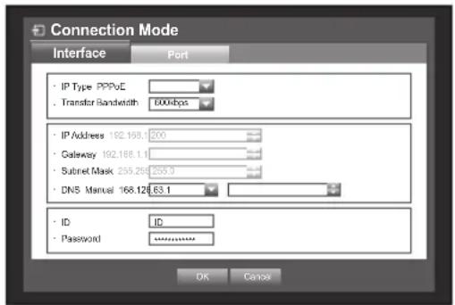 Connection Mode Interface Port IP Type PPPoE Transfer Bandwidth 000kbps IP Address 192.168.1 200 Gateway 192.168.1.1 Subnet Mask 259.259 259.3 DNS Manual 168.128 63.1 ID ID Password OK Cancel