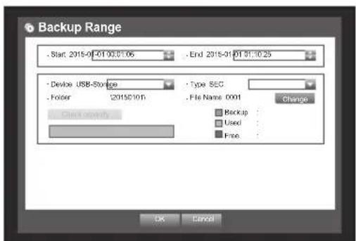 Backup Range Start 2018-01-01 00:01:06 End 2018-01-01 01:10:25 Device USB Storage Folder 2019E101 Type SEC . File Name: 0001 Change Backup Used Free Check Security OK Cancel