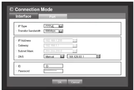 Connection Mode Interface Port • IP Type PPPoE • Transfer Bandwidth 000kbps • IP Address 192.168.1.200 • Gateway 192.168.1.1 • Subnet Mask 255.255.255.0 • DNS Marial 168.125.63.1 • ID 0 • Password Arnalier OK Cancel